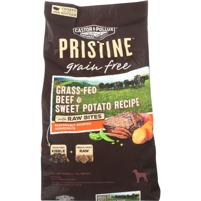 CASTOR & POLLUX: Pristine Grain Free Grass-Fed Beef & Sweet Potato Recipe With Raw Bites 4 Lb